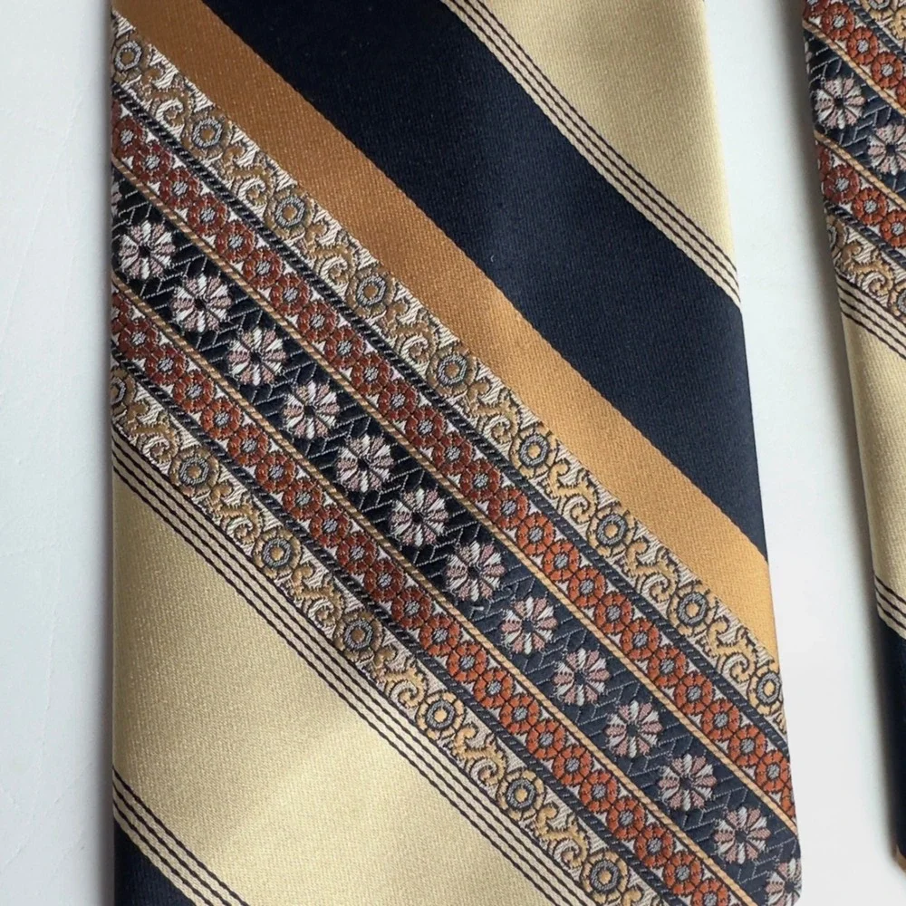 Vintage Damon Mens Tie Navy Gold Rust Striped Floral Brocade 70s Wide Polyester